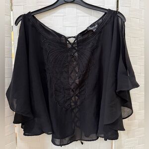 Bebe Beaded Black Flutter Sleeve Butterfly Open Lace Up Back Blouse